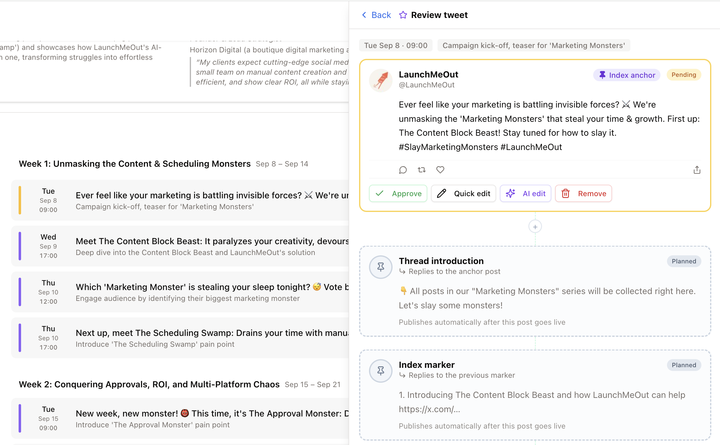 Campaign index thread preview in the review panel
